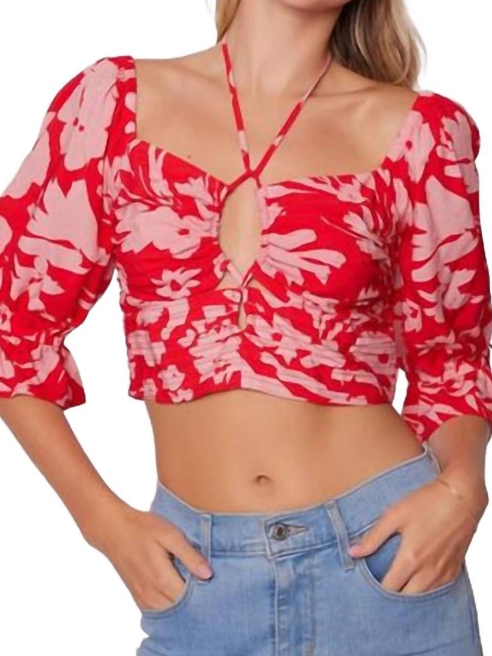 Revolve Lost + Wander red  and Pink Floral Tie-Front Crop Top M